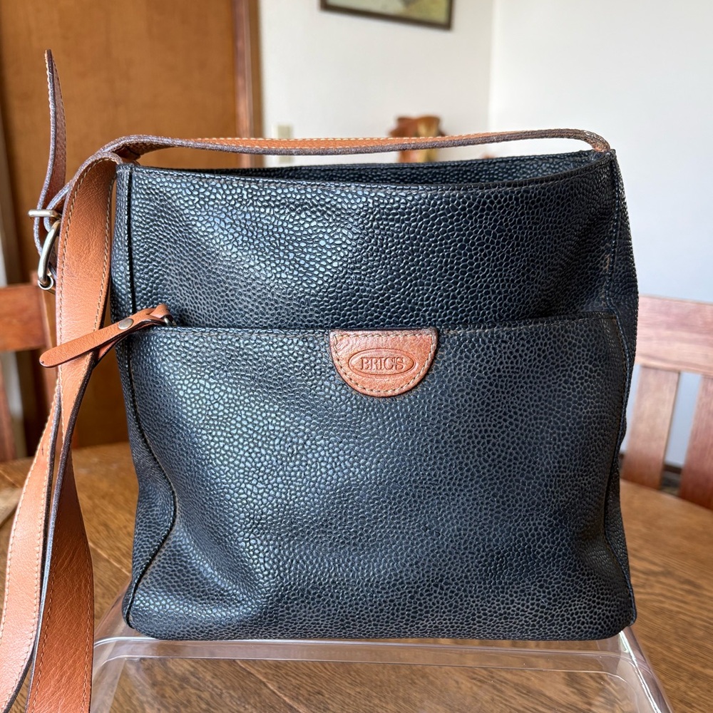 BRICS, black pebbled leather, Crossbody bag, tan trim and brand logo